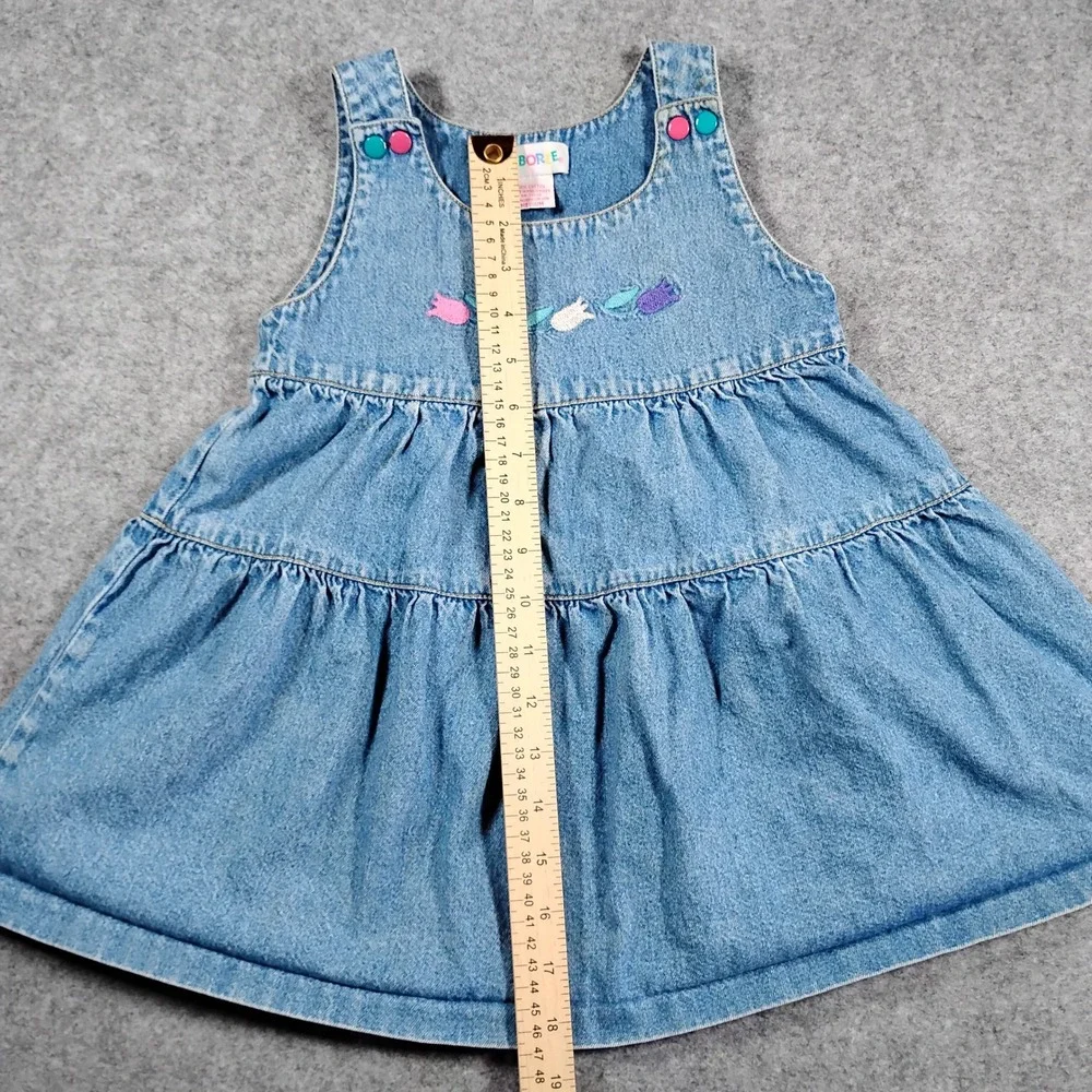 Gymboree Vintage 90s Kids Blue Denim Floral Embroidered‎ Tiered Jumper Dress M
